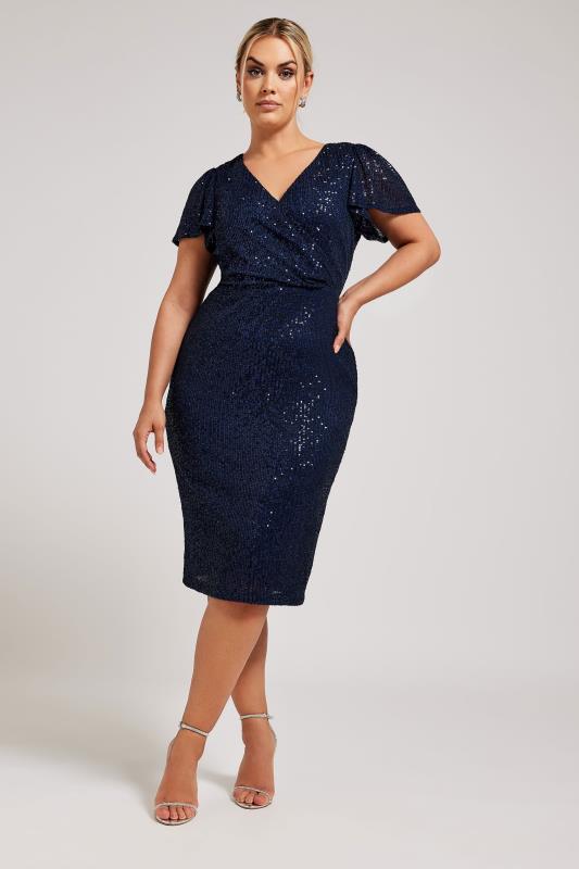 Plus Size  YOURS LONDON Curve Navy Blue Sequin Embellished Wrap Dress