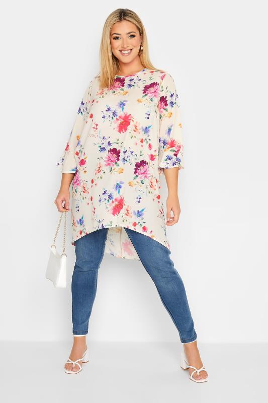 YOURS LONDON Plus Size White Floral Flute Sleeve Tunic Top | Yours Clothing 2