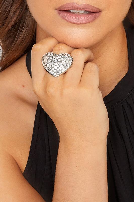 Plus Size  Silver Tone Heart Diamante Stretch Ring