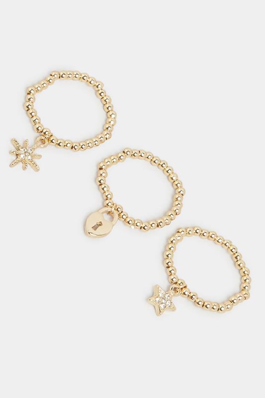 3 PACK Gold Tone Charm Stretch Rings | Yours Clothing 2