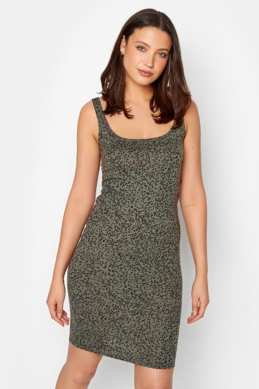 LTS Tall Khaki Green Spot Print Sleeveless Jersey Mini Dress | Long Tall Sally 1