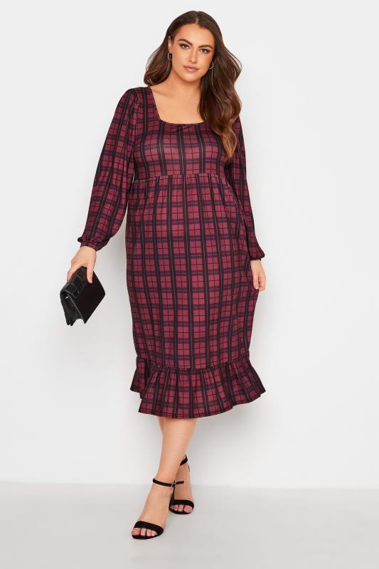 YOURS LONDON Curve Burgundy Red Check Smock Midi Dress 1