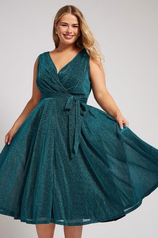 YOURS LONDON Plus Size Green Metallic Wrap Skater Dress | Yours Clothing 1