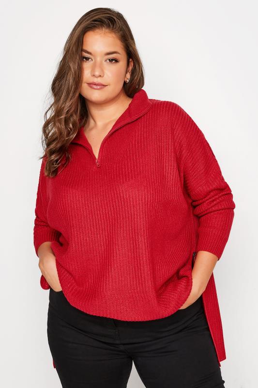 Plus Size Red Zip Neck Jumper | Yours Clothing 1