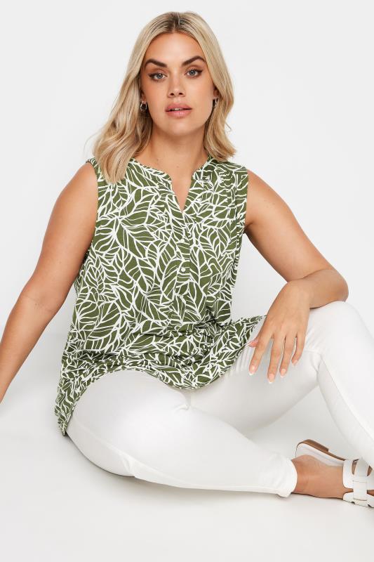 YOURS Plus Size Khaki Green Leaf Print Sleeveless Blouse | Yours Clothing 1