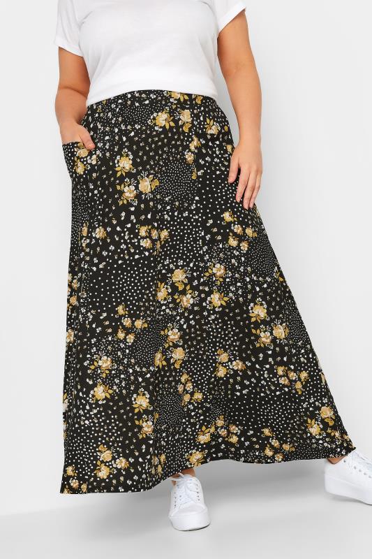 Plus Size  YOURS Curve Black & Yellow Mixed Print Pocket Detail Maxi Skirt