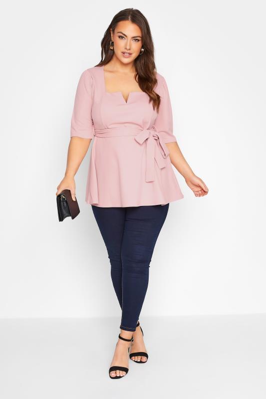 YOURS LONDON Plus Size Blush Pink Notch Neck Peplum Top | Yours Clothing 2
