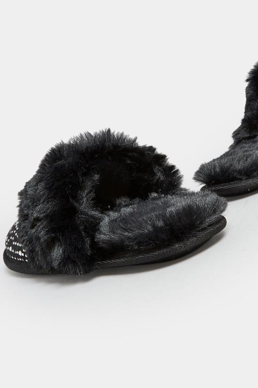 Black Diamante Faux Fur Slippers In Wide E Fit | Yours Clothing 4