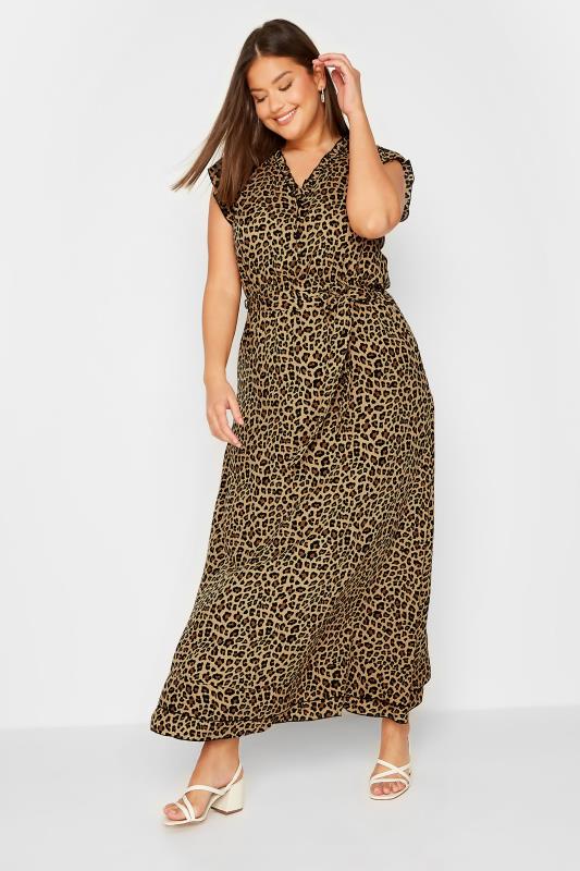 LTS Tall Women's Brown Leopard Print Frill Sleeve Maxi Dress | Long Tall Sally 1