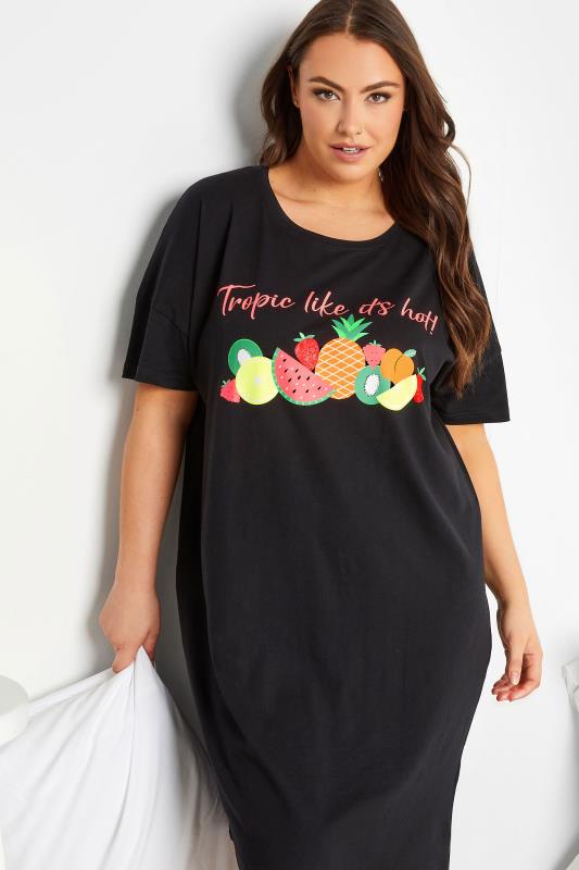 YOURS Plus Size Black 'Tropic Like It's Hot' Fruit Print Sleep Tee Nightdress | Yours Clothing 3