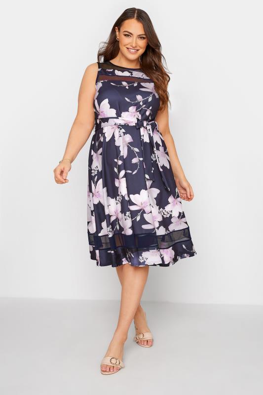 YOURS LONDON Plus Size Navy Blue Floral Mesh Panel Skater Dress | Yours Clothing 2