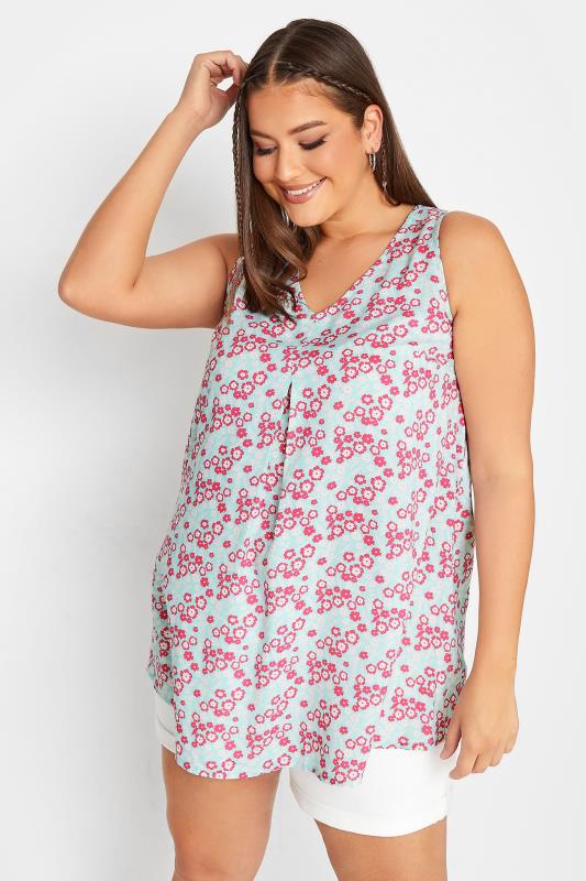 YOURS Curve Light Blue & Pink Floral Print Swing Top | Yours Clothing  1