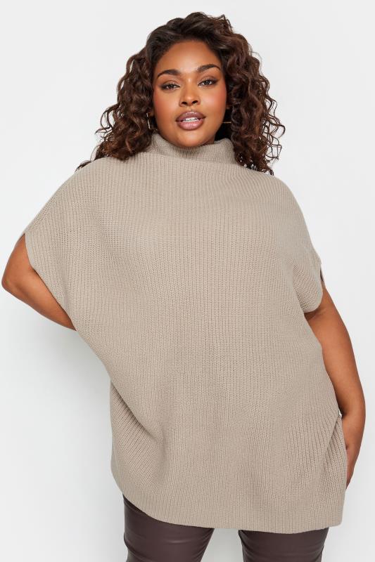Plus Size  YOURS Curve Stone Brown High Neck Knitted Vest Top