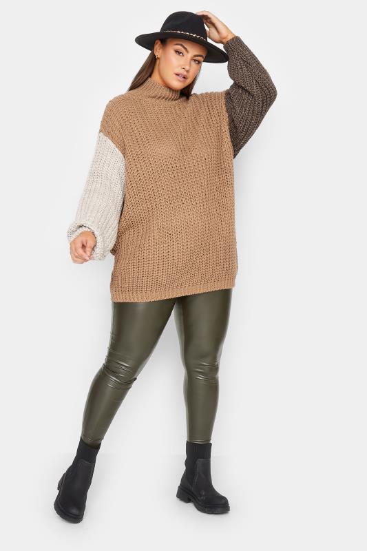 YOURS LUXURY Plus Size Beige Brown Colour Block Sleeve Jumper | Yours Clothing 3