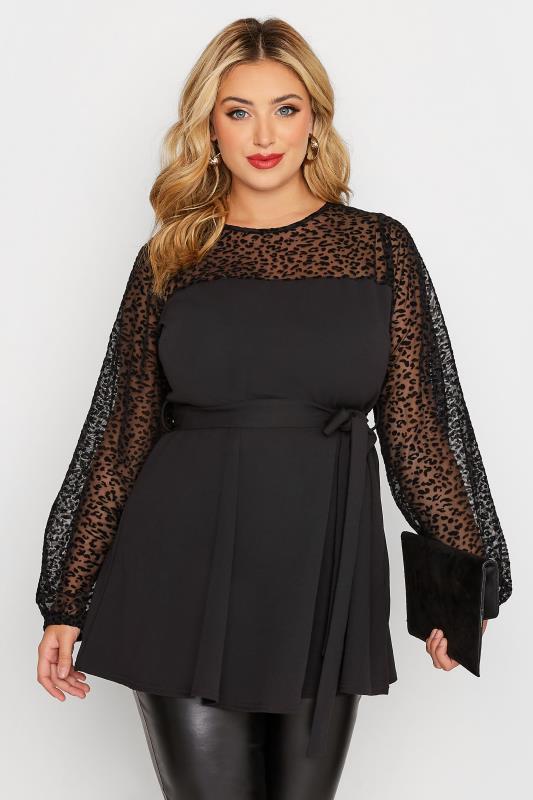 YOURS LONDON Plus Size Black Flocked Leopard Print Mesh Peplum Top | Yours Clothing 1