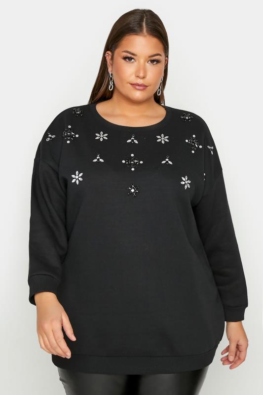 Plus Size  Curve Black Diamante Embellished Flower Sweatshirt
