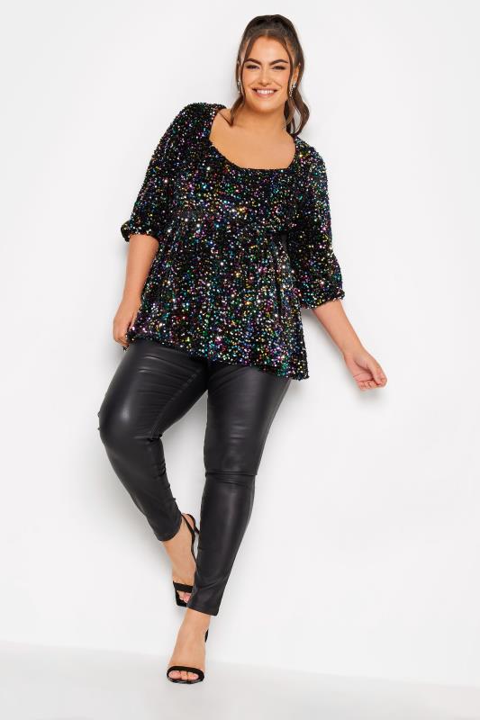 YOURS LONDON Plus Size Black Velvet Sequin Sweetheart Top | Yours Clothing 2