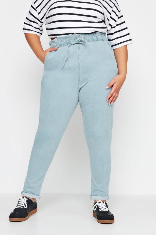 Plus Size  YOURS Curve Light Blue Paperbag Waist Stretch MOM Jeans