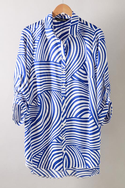 EVANS Plus Size Blue Abstract Print Tab Sleeve Shirt | Evans 5