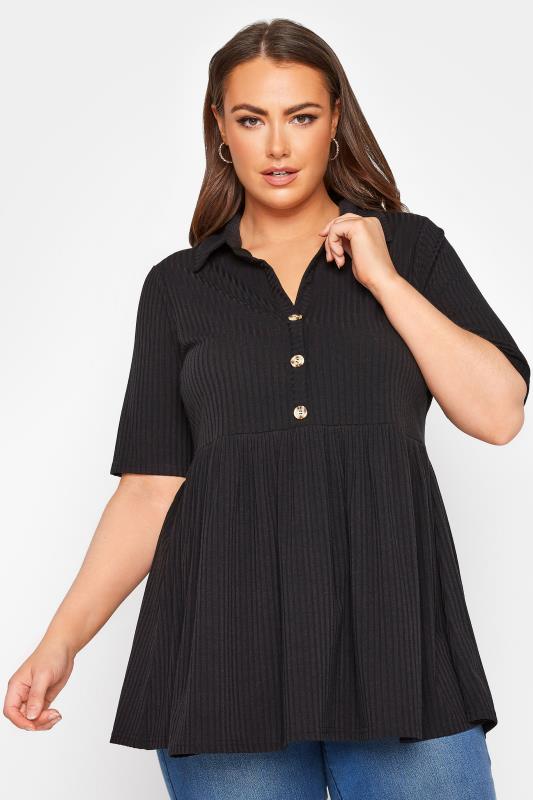 Plus Size  LIMITED COLLECTION Curve Black Ribbed Button Through Peplum Top