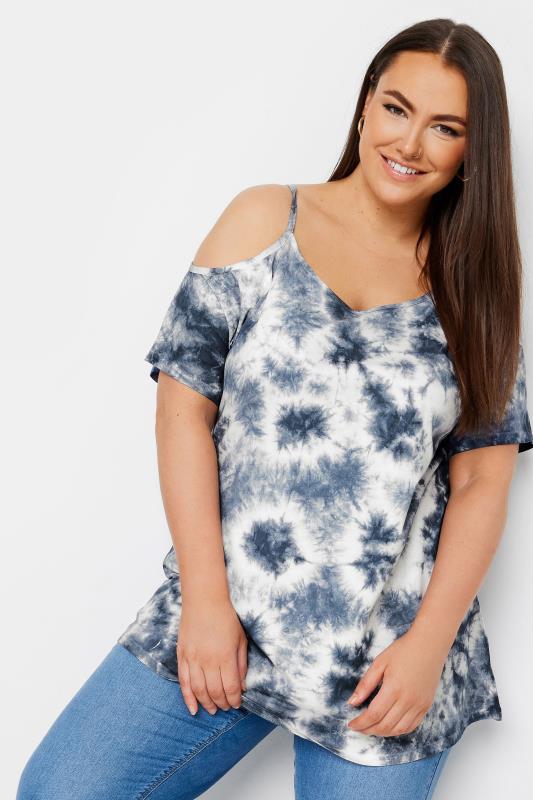 YOURS Plus Size Blue Tie Dye Cold Shoulder Top | Yours Clothing 1