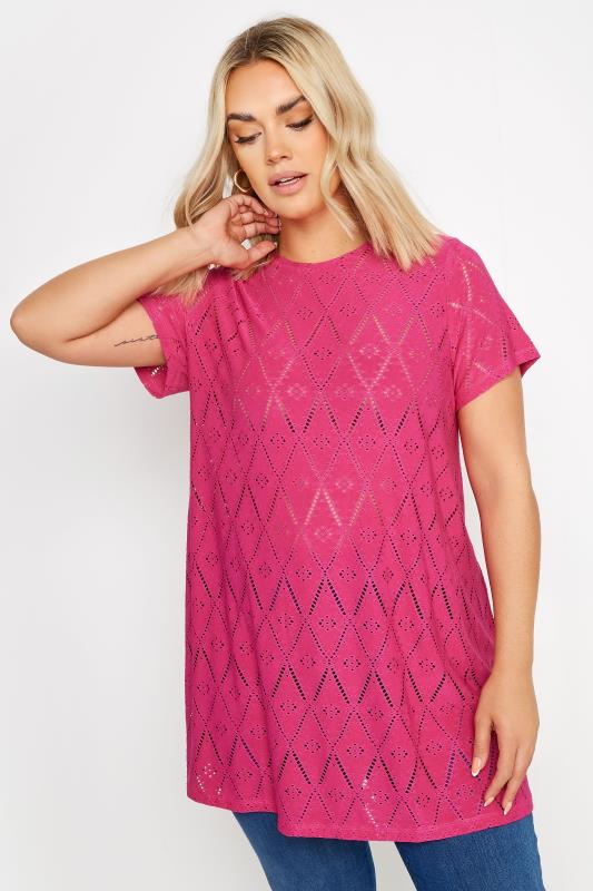 YOURS Plus Size Pink Broderie Anglaise Swing T-Shirt | Yours Clothing 1