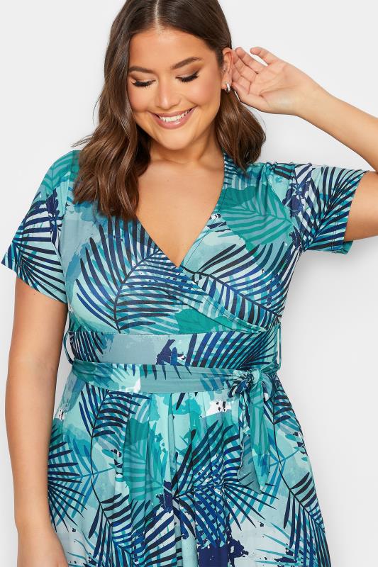 YOURS Plus Size Blue Leaf Print Wrap Maxi Dress | Yours Clothing 4