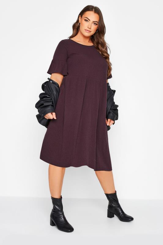 Plus Size Plum Purple Ribbed Smock Dress | Yours Clothing 1