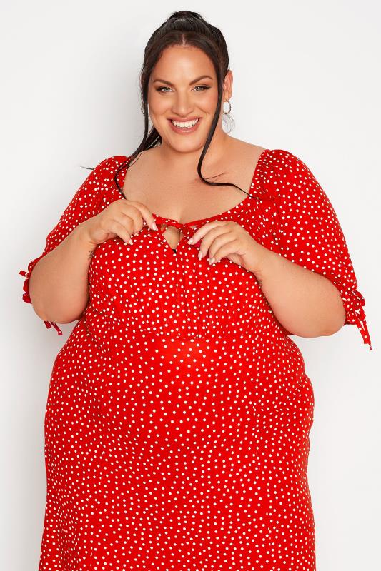 LIMITED COLLECTION Plus Size Red Spot Print Milkmaid Side Split Maxi Dress | Yours Clothing  4