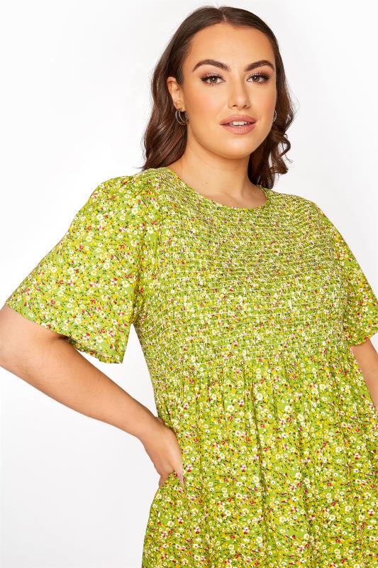 Lime Green Ditsy Floral Shirred Peplum Top | Yours Clothing