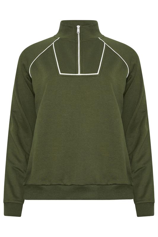 LTS Tall Women's Khaki Green Pipe Detail Quarter Zip Sweatshirt | Long Tall Sally 5