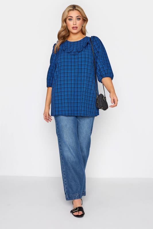 LIMITED COLLECTION Plus Size Royal Blue Chevron Frill Check Top | Yours Clothing 2