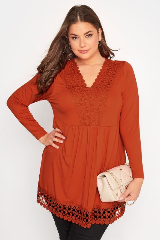 Plus Size  Curve Orange Crochet Trim Long Sleeve Tunic Top