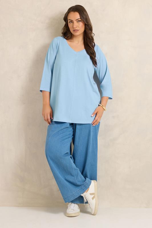 EVANS Plus Size Sky Blue V-Neck Cotton Top | Evans 1