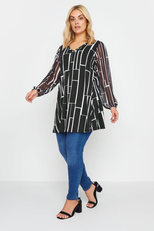 YOURS Plus Size Black Geometric Print Mesh Sleeve Top | Yours Clothing 2