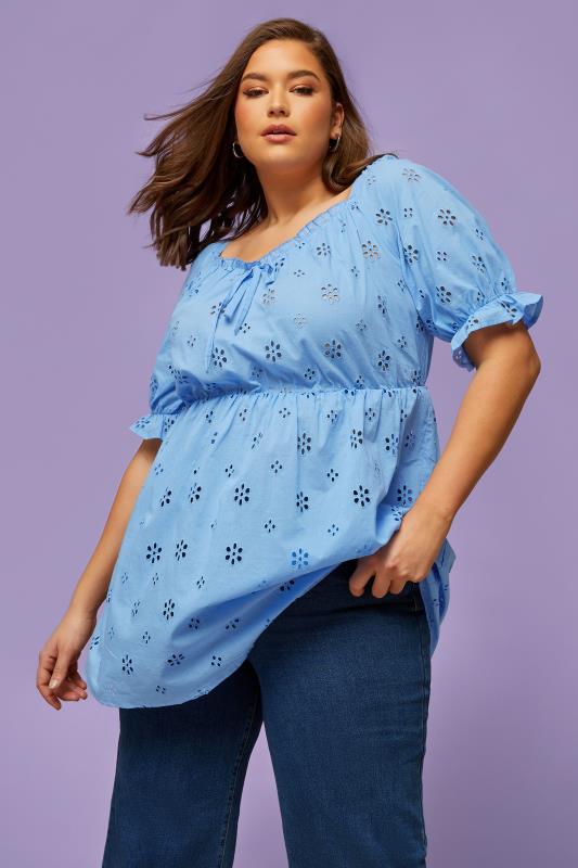 YOURS Plus Size Curve Blue Broderie Anglaise Peplum Top | Yours Clothing  5