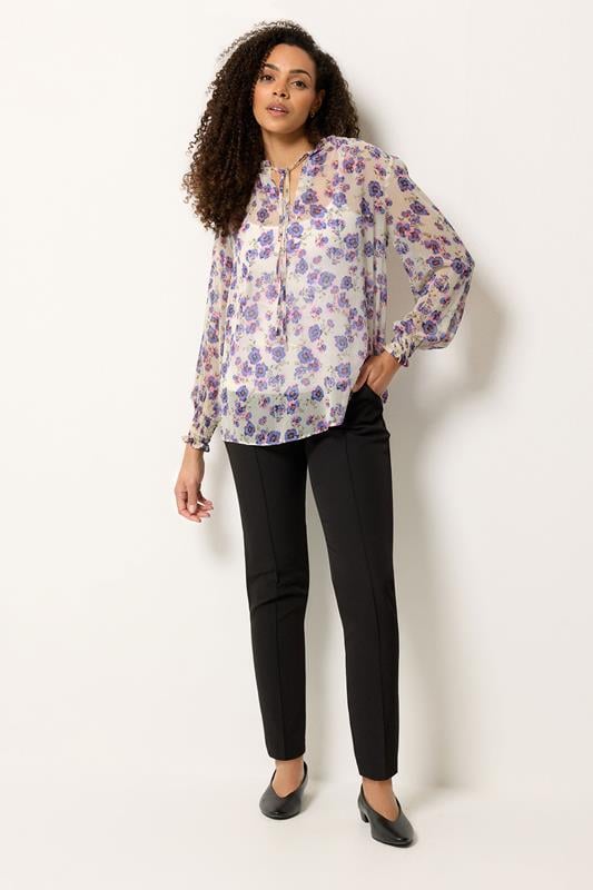 M&Co Purple Floral Print Tie Neck Blouse | M&Co 1