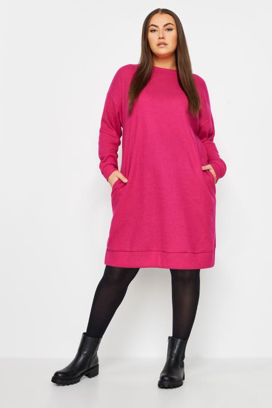 Plus Size  YOURS Curve Pink Ribbed Soft Touch Jumper Dress