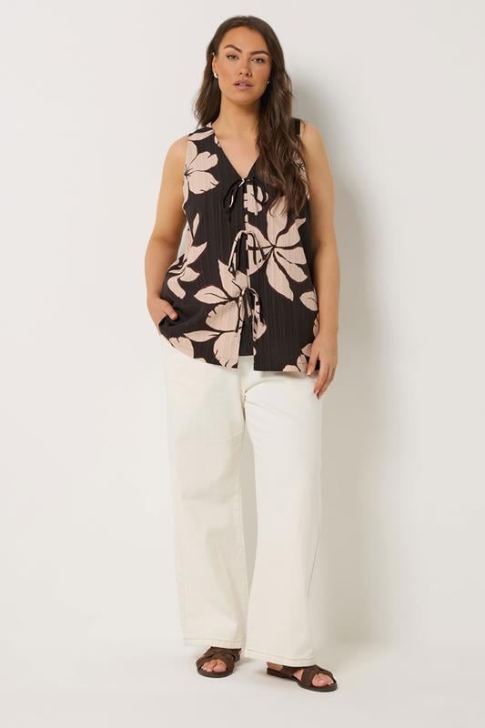 YOURS Plus Size Brown Floral Tie Front Vest Top | Yours Clothing 2