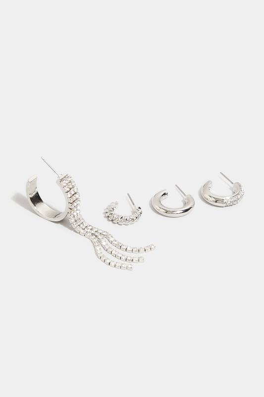 4 PACK Silver Tone Assorted Diamante Hoop Earrings 3