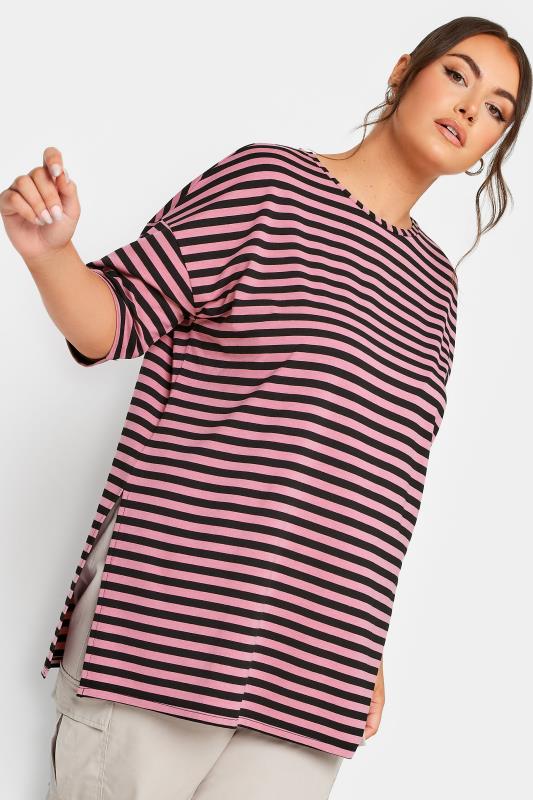 Plus Size  YOURS Curve Pink Stripe Print Oversized T-Shirt