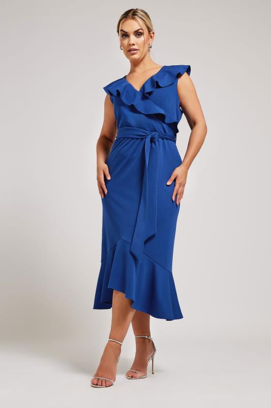 YOURS LONDON Plus Size Cobalt Blue Ruffle Wrap Dress | Yours Clothing 1