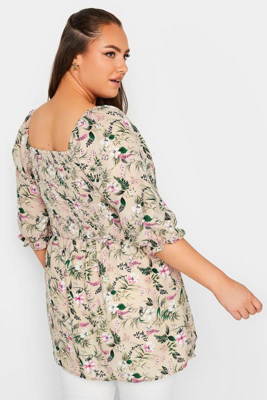 YOURS Plus Size Natural Pink Floral Square Neck Shirred Top | Yours Clothing 3