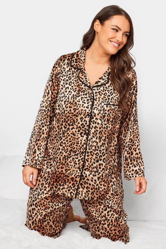 YOURS Plus Size Brown Leopard Print Satin Pyjama Set | Yours Clothing 2