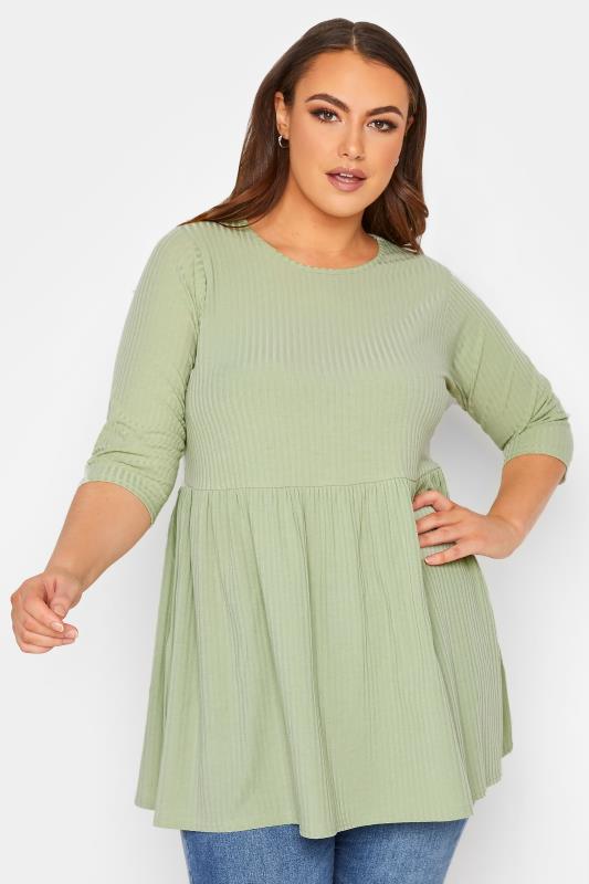 LIMITED COLLECTION Curve Light Green Ribbed Smock Top 1
