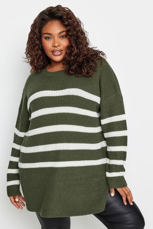 YOURS Plus Size Khaki Green Stripe Side Split Knitted Jumper | Yours Clothing 1