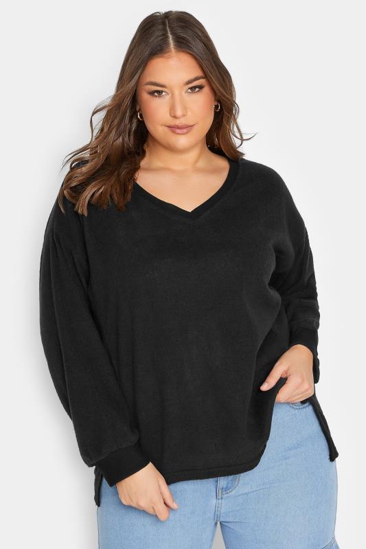 Plus Size Black V-Neck Soft Touch Fleece Sweatshirt | Yours Clothing 1