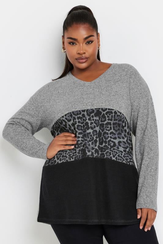 Plus Size  YOURS Curve Grey Leopard Print Colourblock Jumper