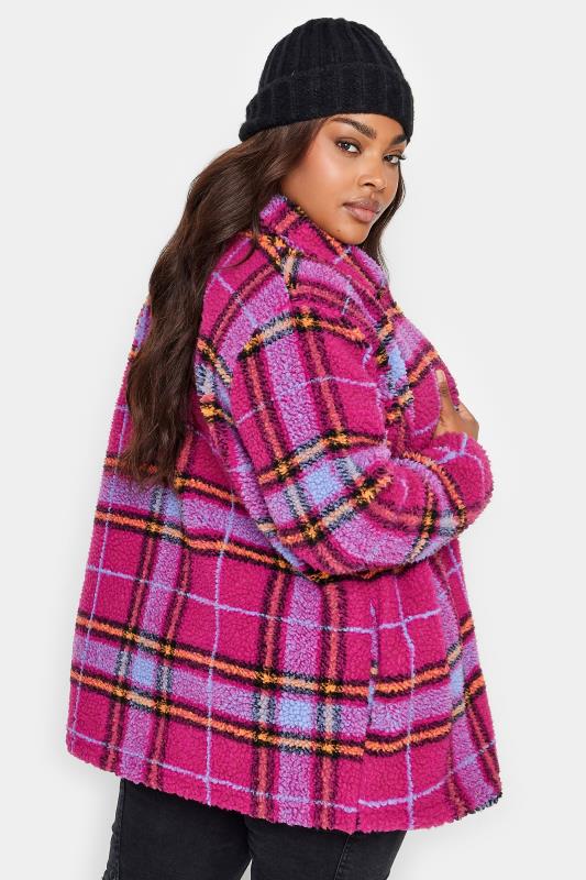 YOURS Plus Size Pink Check Print Button Through Fleece | Yours Clothing 3