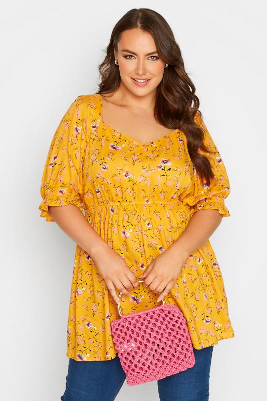 Plus Size Mustard Yellow Floral Print Sweetheart Puff Sleeve Top | Yours Clothing 1